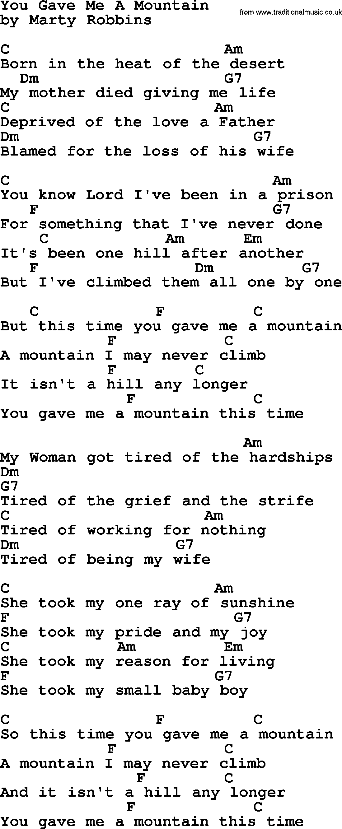Marty Robbins song: You Gave Me A Mountain, lyrics and chords
