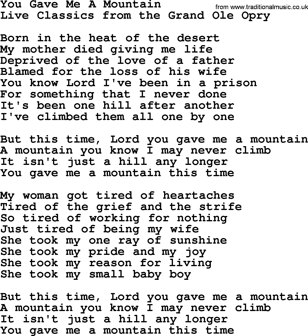 Marty Robbins song: You Gave Me A Mountain, lyrics