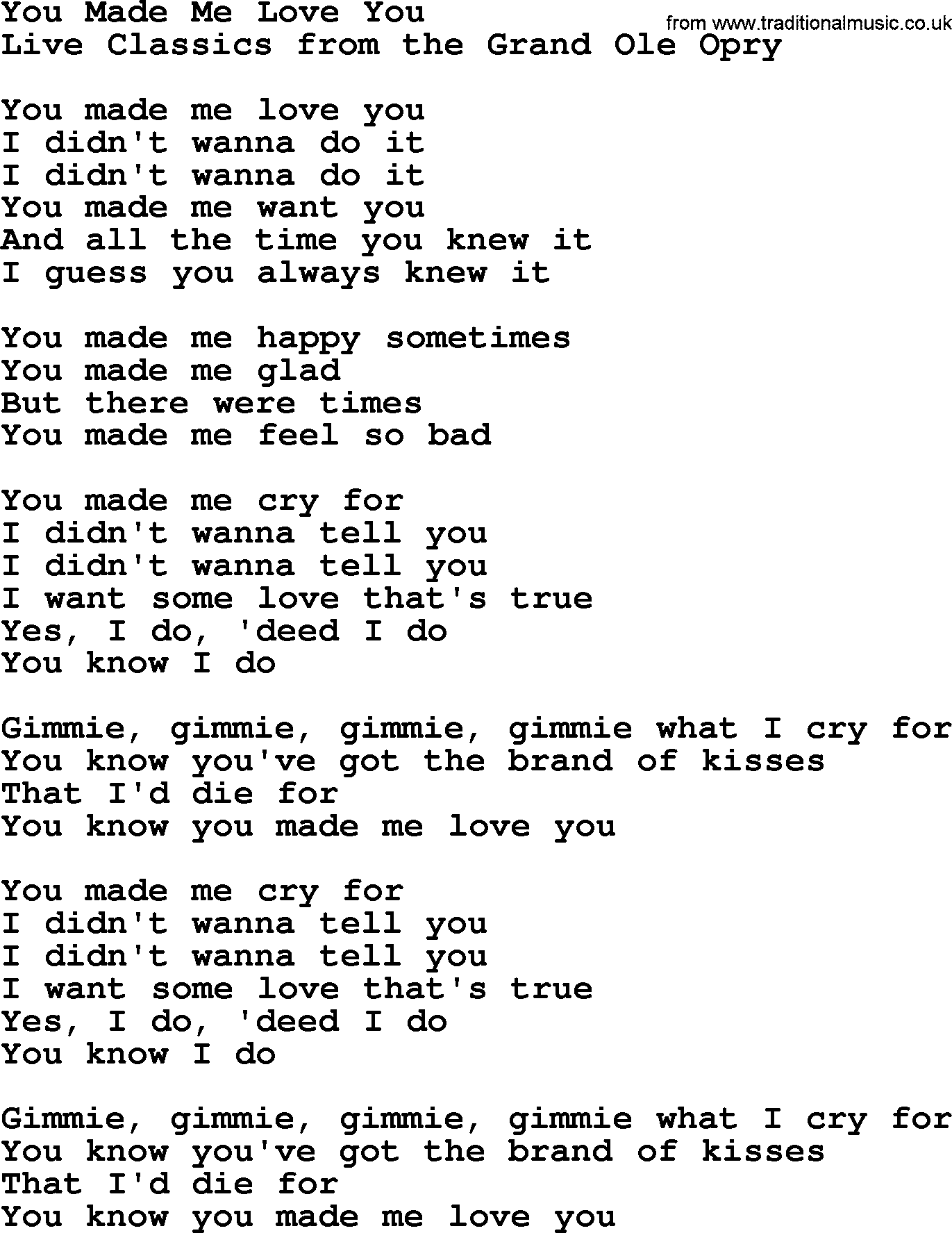 Marty Robbins song: You Made Me Love You, lyrics
