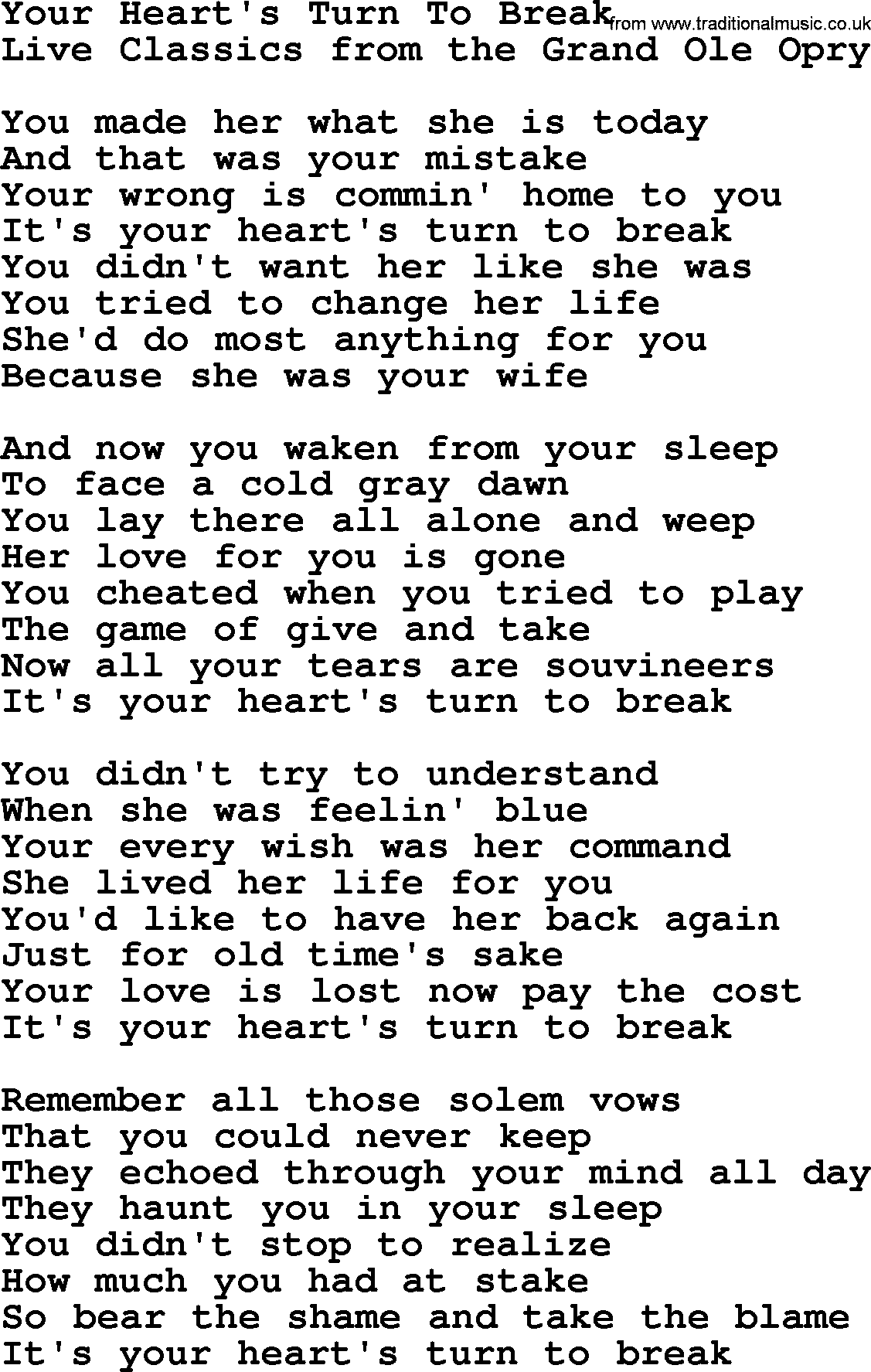 Marty Robbins song: Your Hearts Turn To Break, lyrics