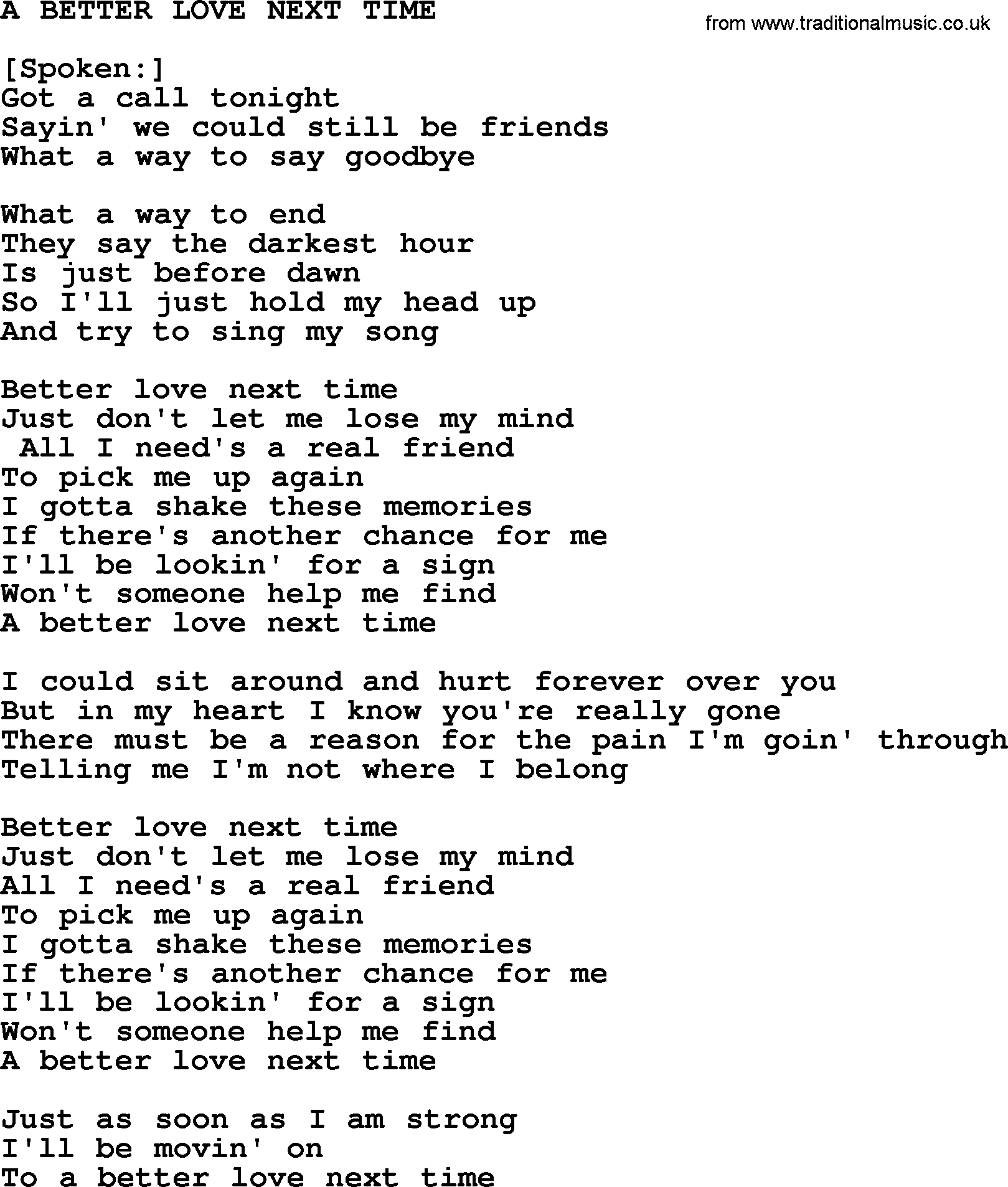 Merle Haggard song: A Better Love Next Time, lyrics.