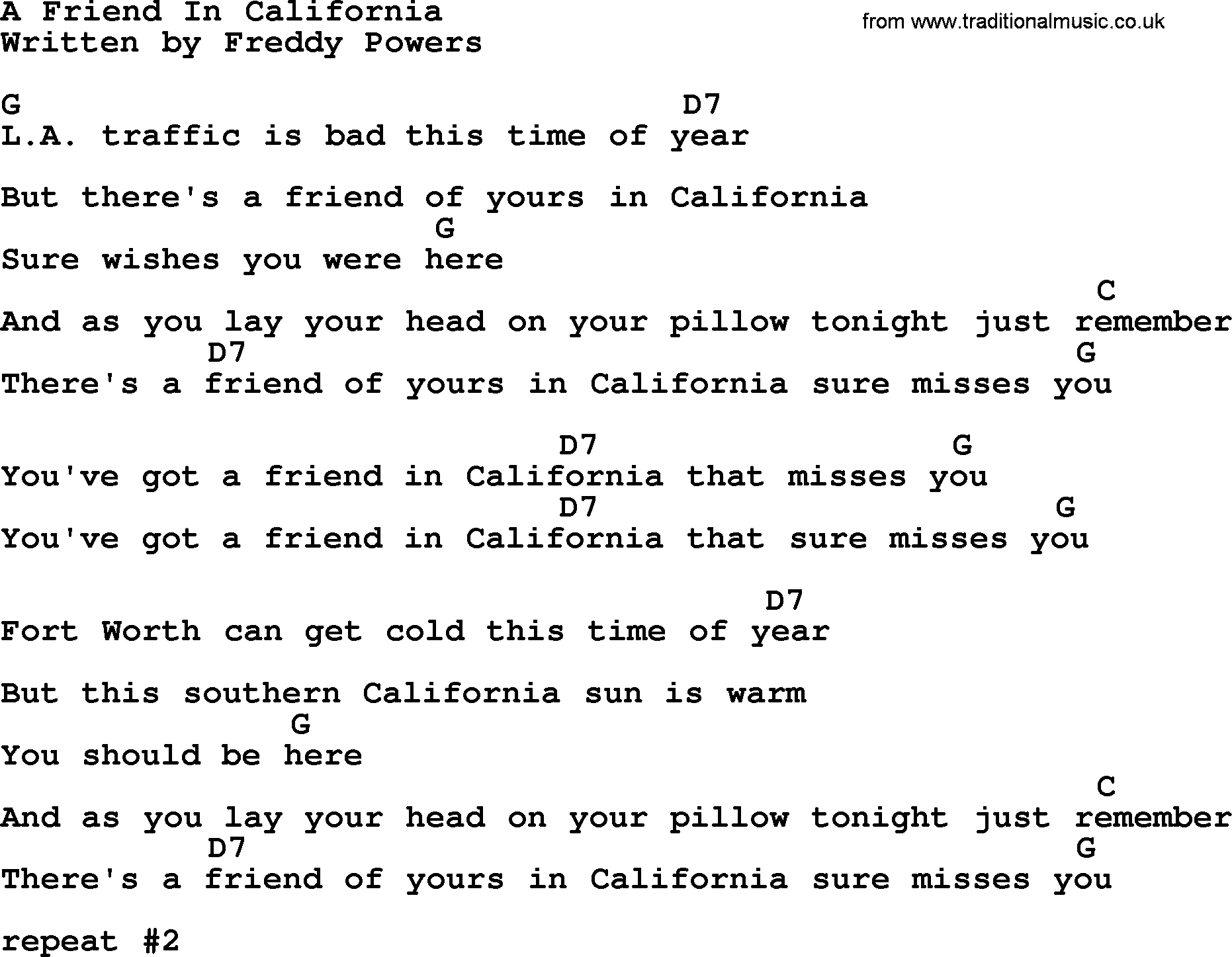 Merle Haggard song: A Friend In California, lyrics and chords