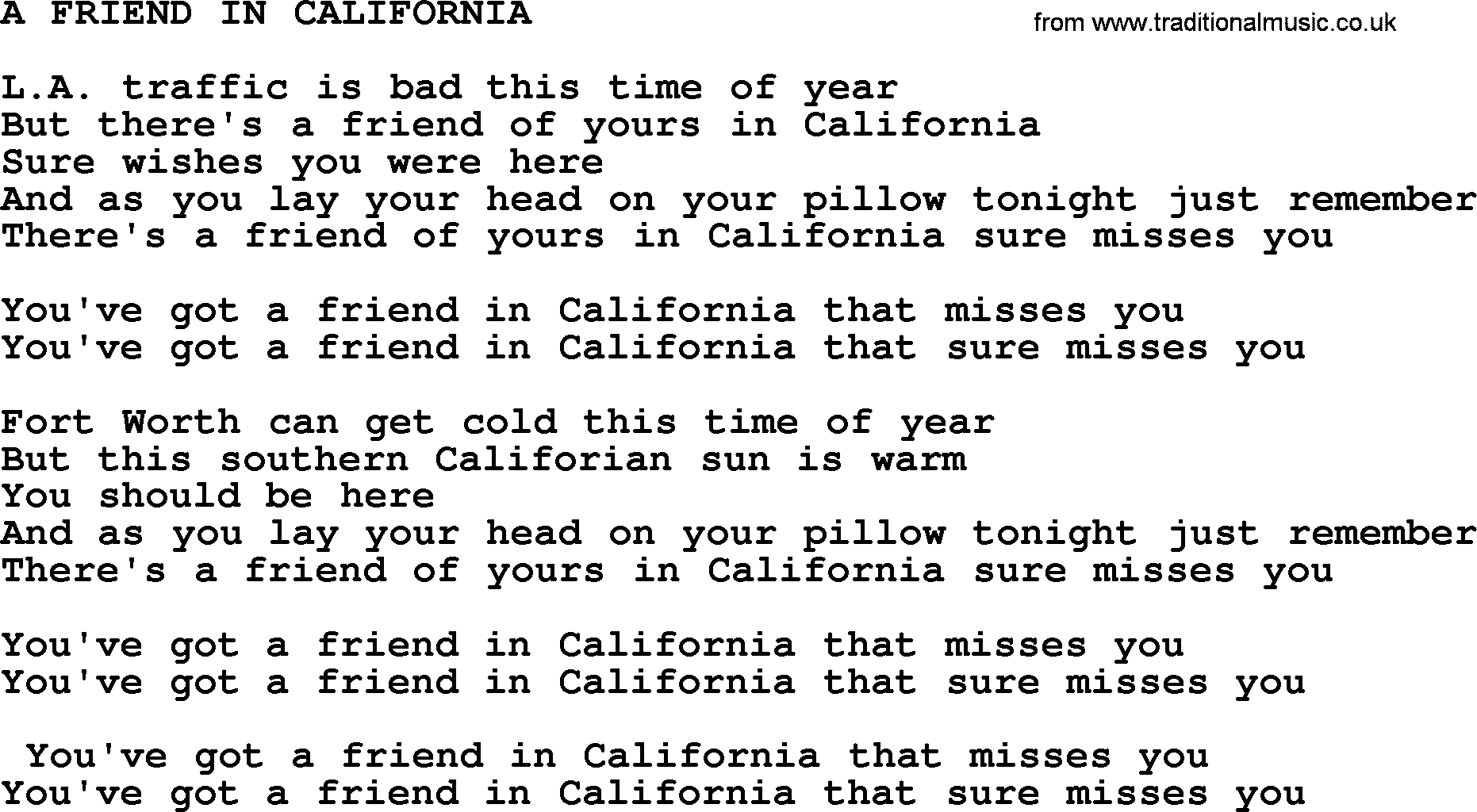 Merle Haggard song: A Friend In California, lyrics.