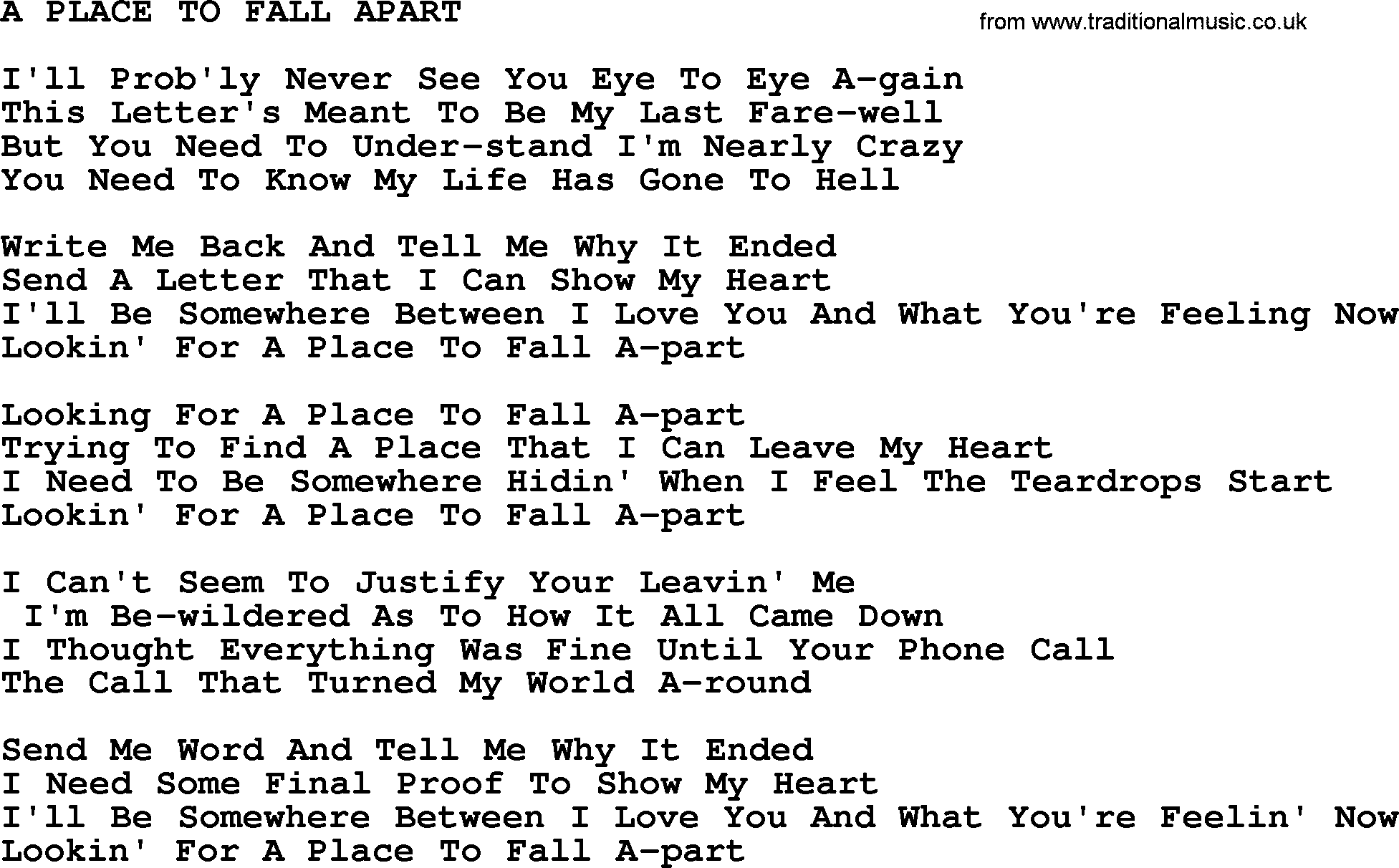 Merle Haggard song: A Place To Fall Apart, lyrics.