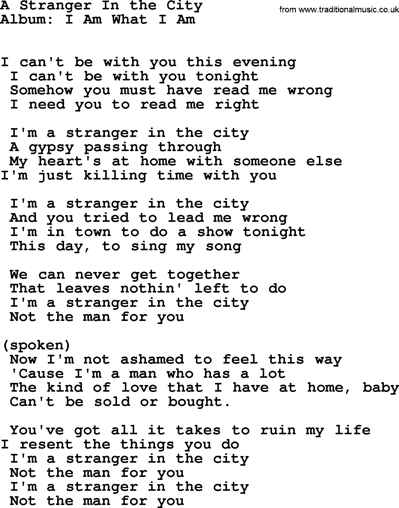 Merle Haggard song: A Stranger In The City, lyrics.
