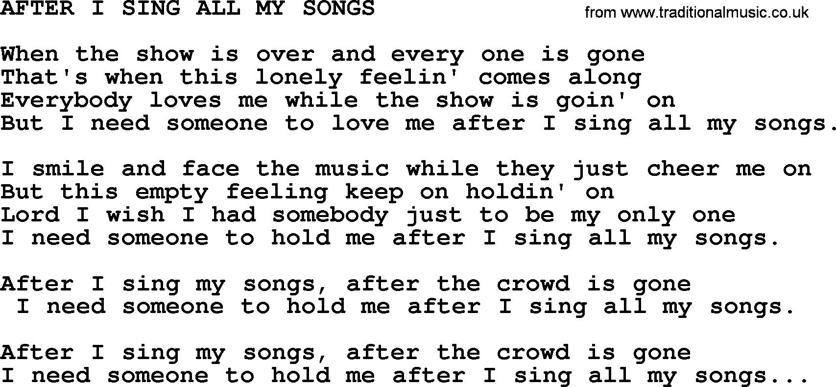 Merle Haggard song: After I Sing All My Songs, lyrics.
