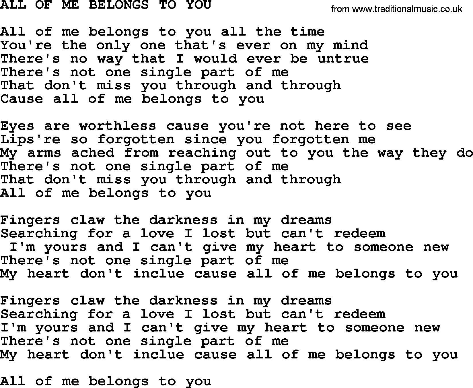 Merle Haggard song: All Of Me Belongs To You, lyrics.