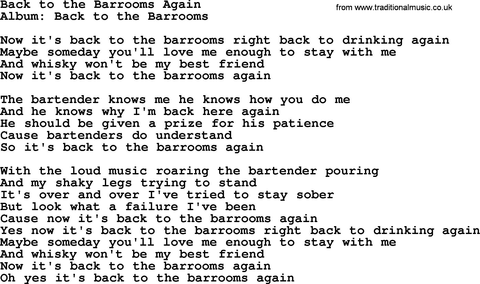 Merle Haggard song: Back To The Barrooms Again, lyrics.