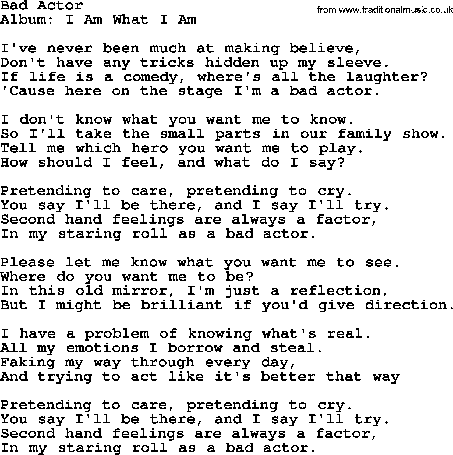 Merle Haggard song: Bad Actor, lyrics.