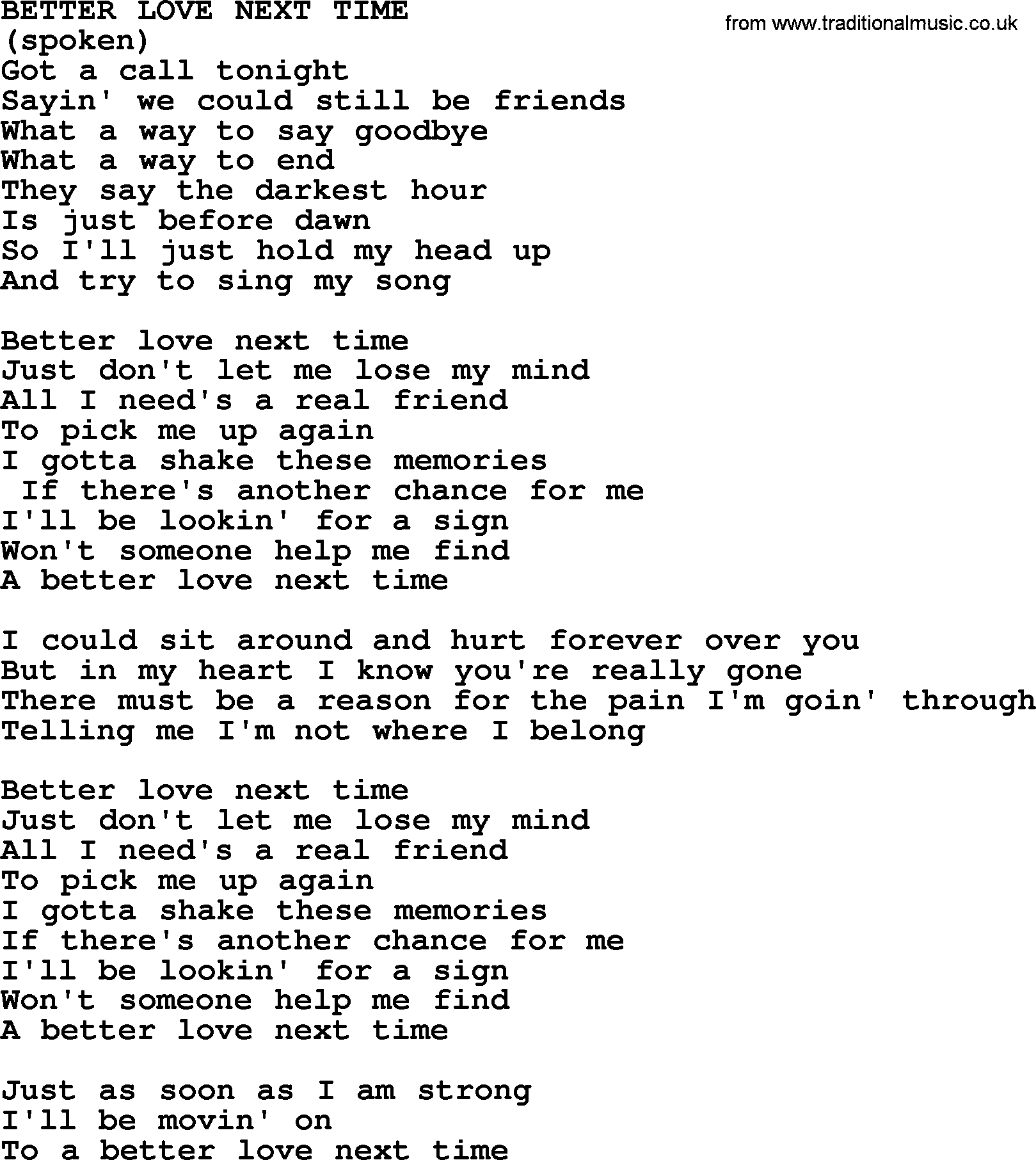 Merle Haggard song: Better Love Next Time, lyrics.
