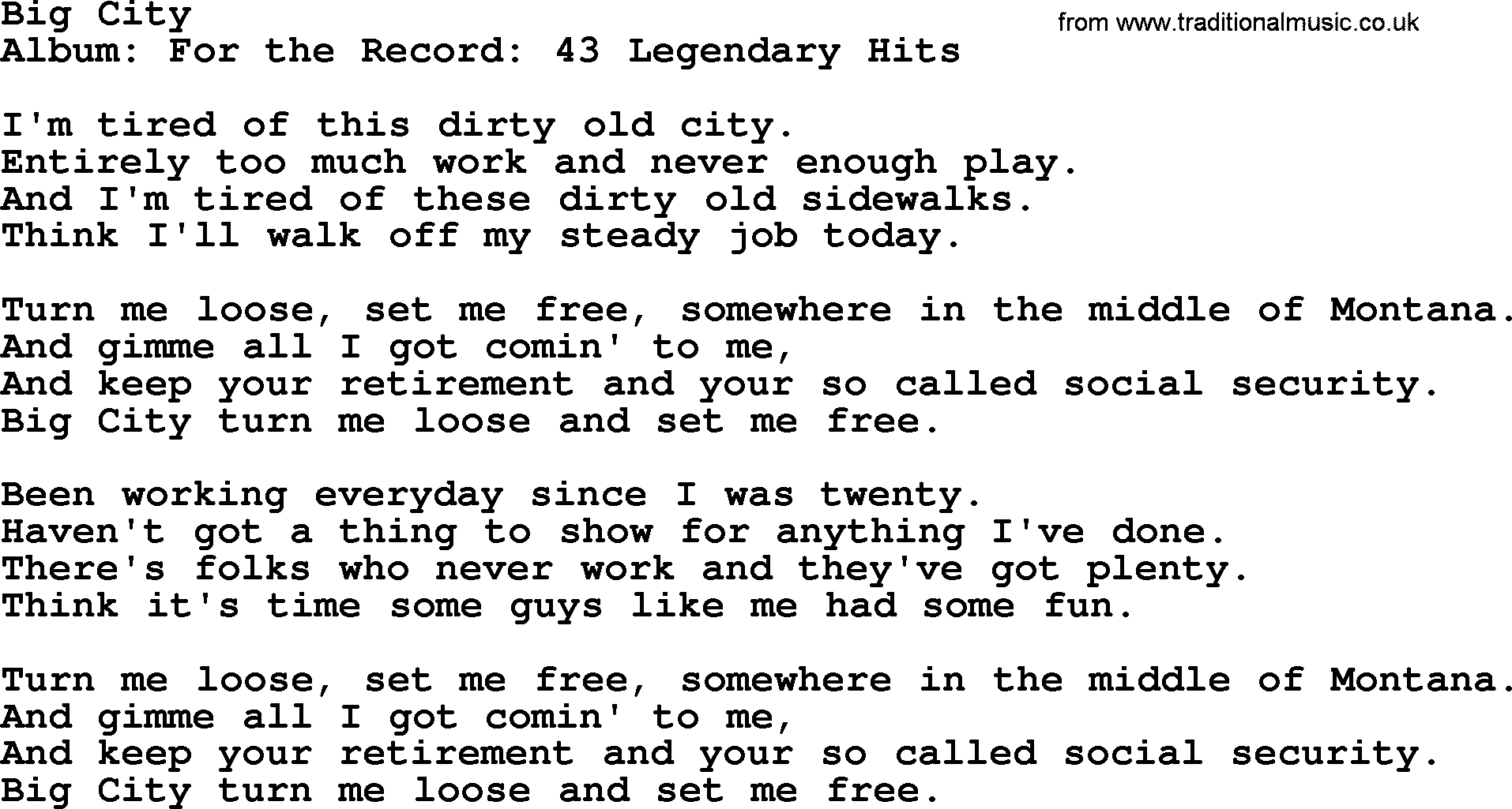 Merle Haggard song: Big City, lyrics.