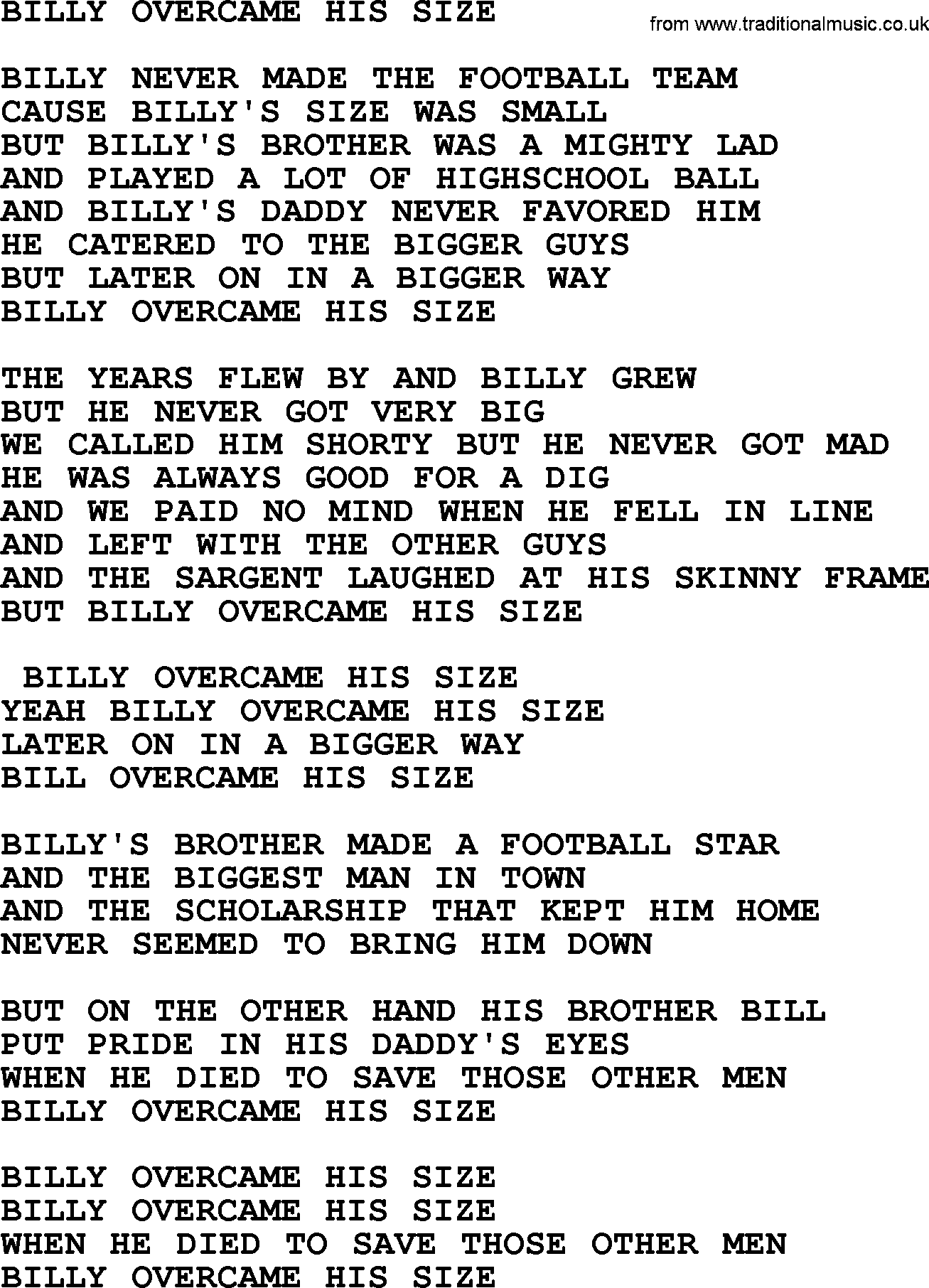 Merle Haggard song: Billy Overcame His Size, lyrics.