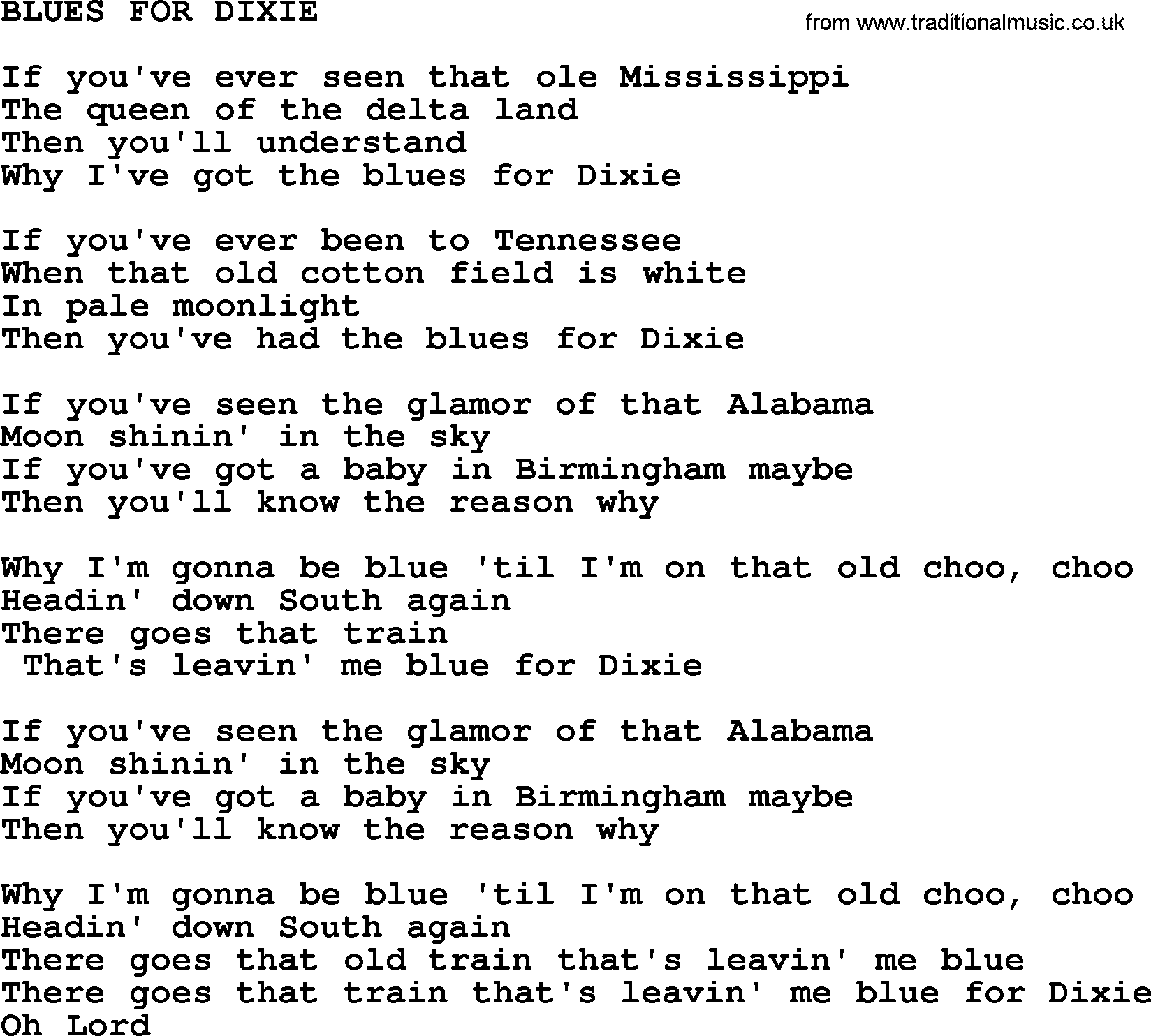 Merle Haggard song: Blues For Dixie, lyrics.