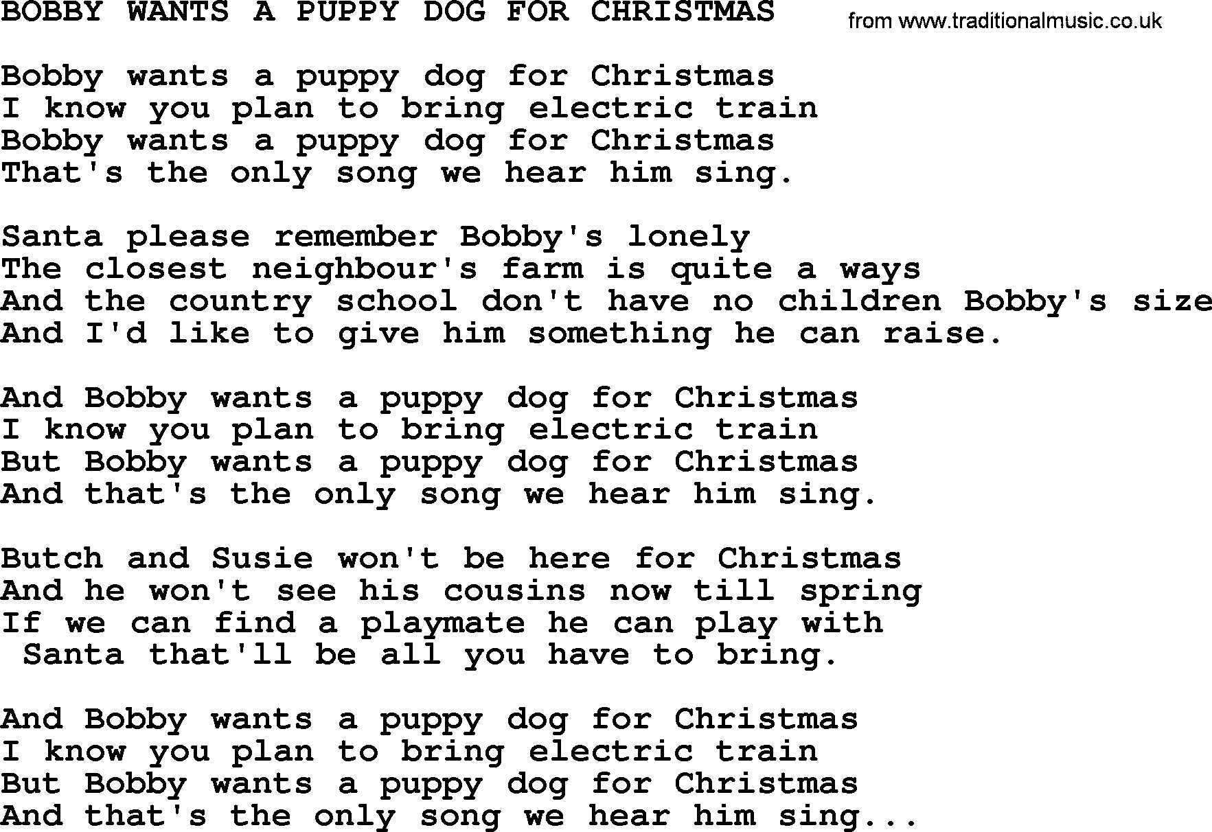 Merle Haggard song: Bobby Wants A Puppy Dog For Christmas, lyrics.
