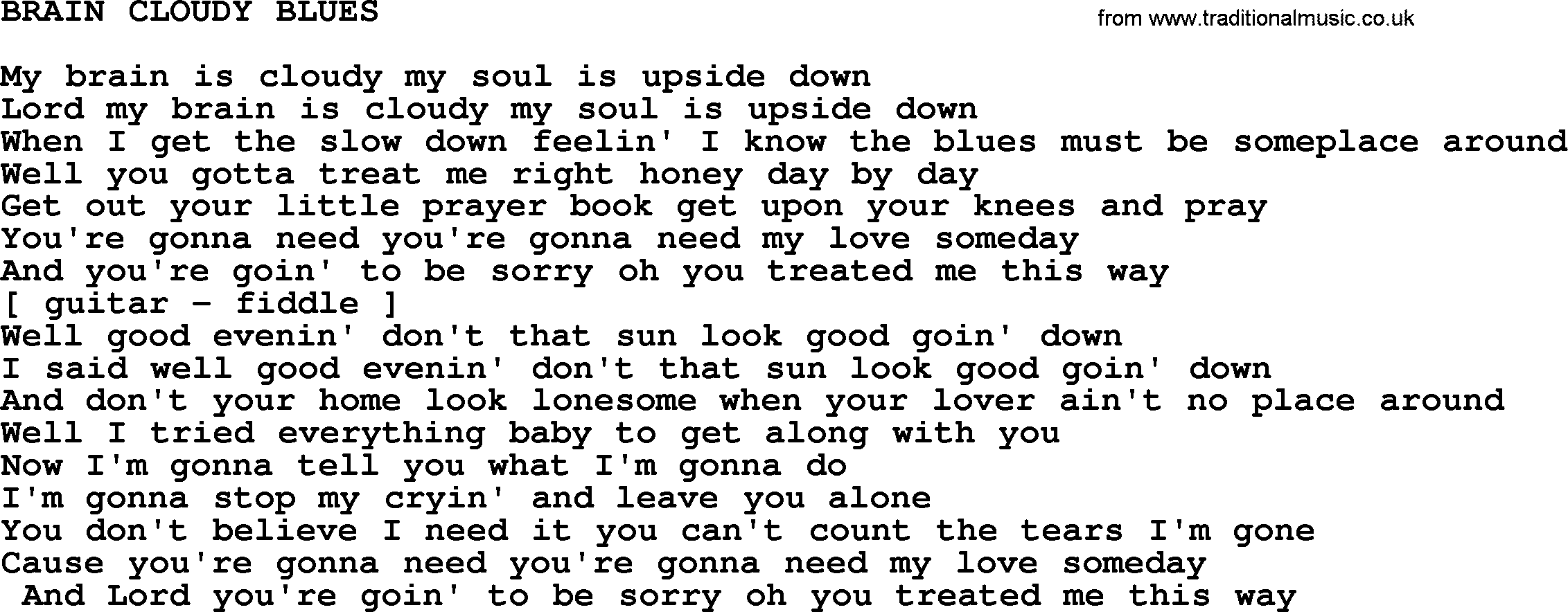 Merle Haggard song: Brain Cloudy Blues, lyrics.