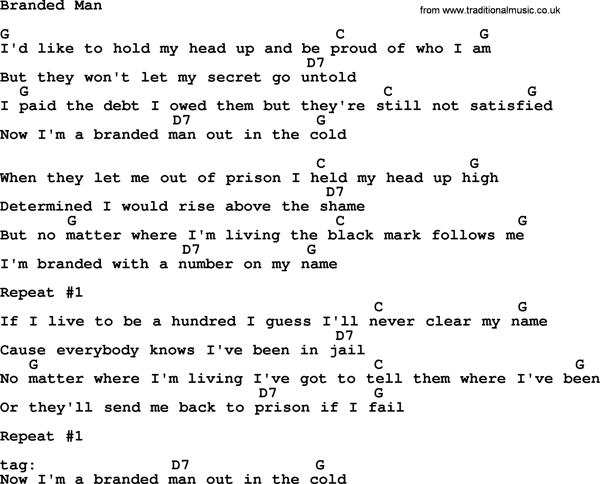 Merle Haggard song: Branded Man, lyrics and chords