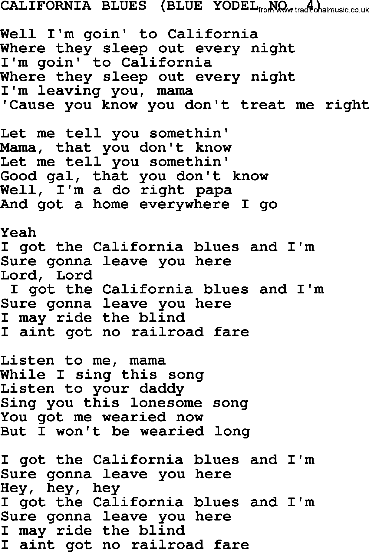 Merle Haggard song: California Blues Blue Yodel No 4, lyrics.