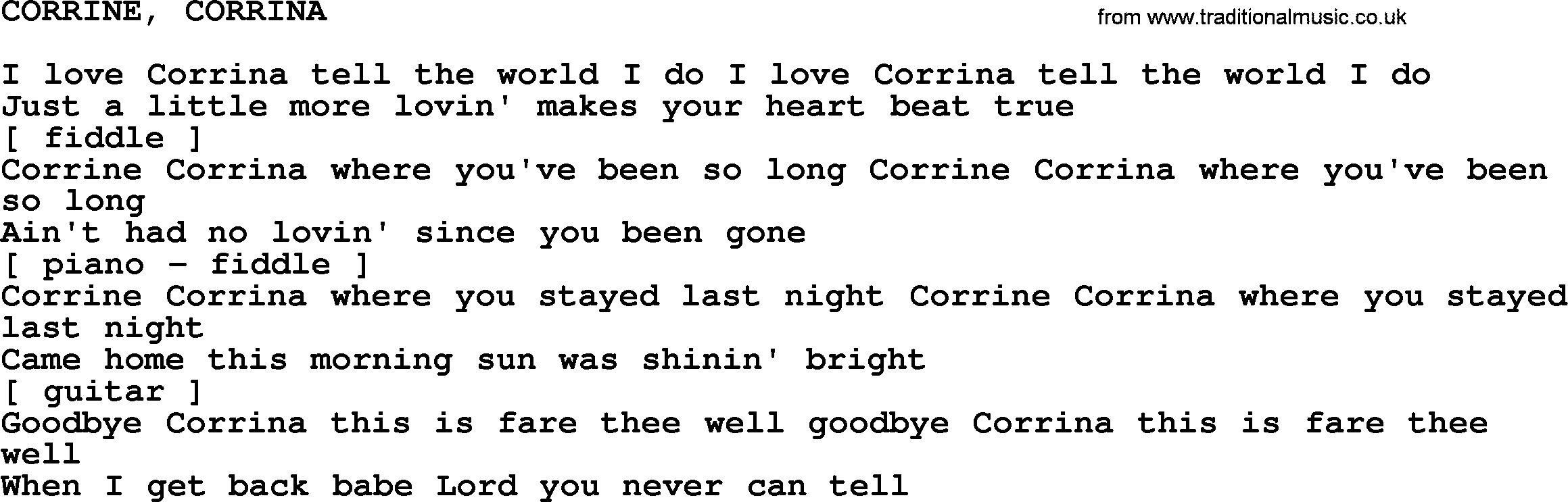 Merle Haggard song: Corrine, Corrina, lyrics.