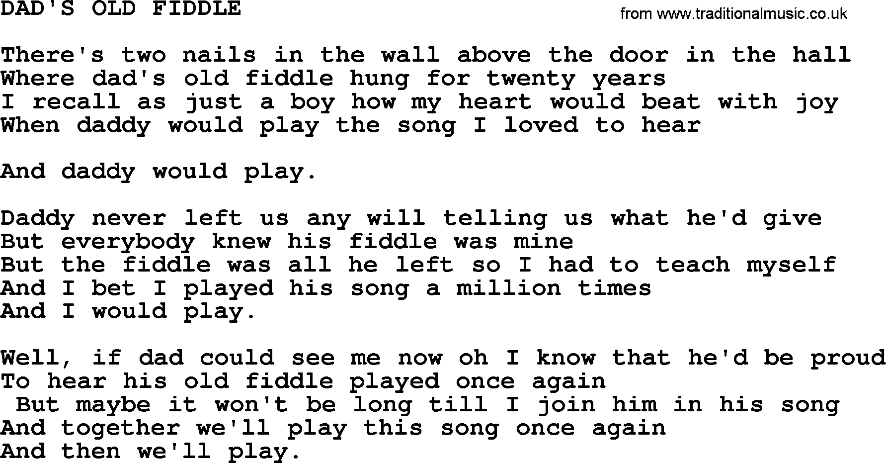 Merle Haggard song: Dad's Old Fiddle, lyrics.