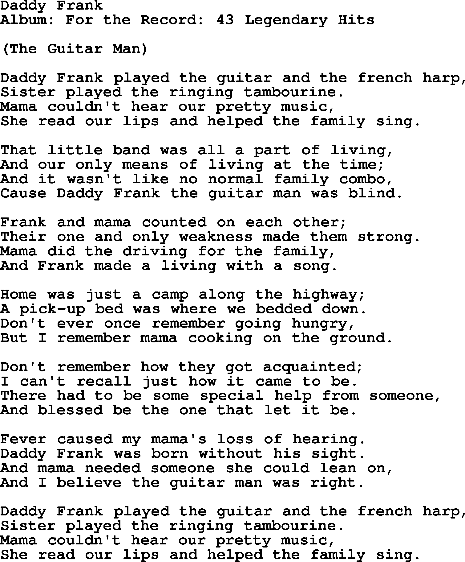 Merle Haggard song: Daddy Frank, lyrics.