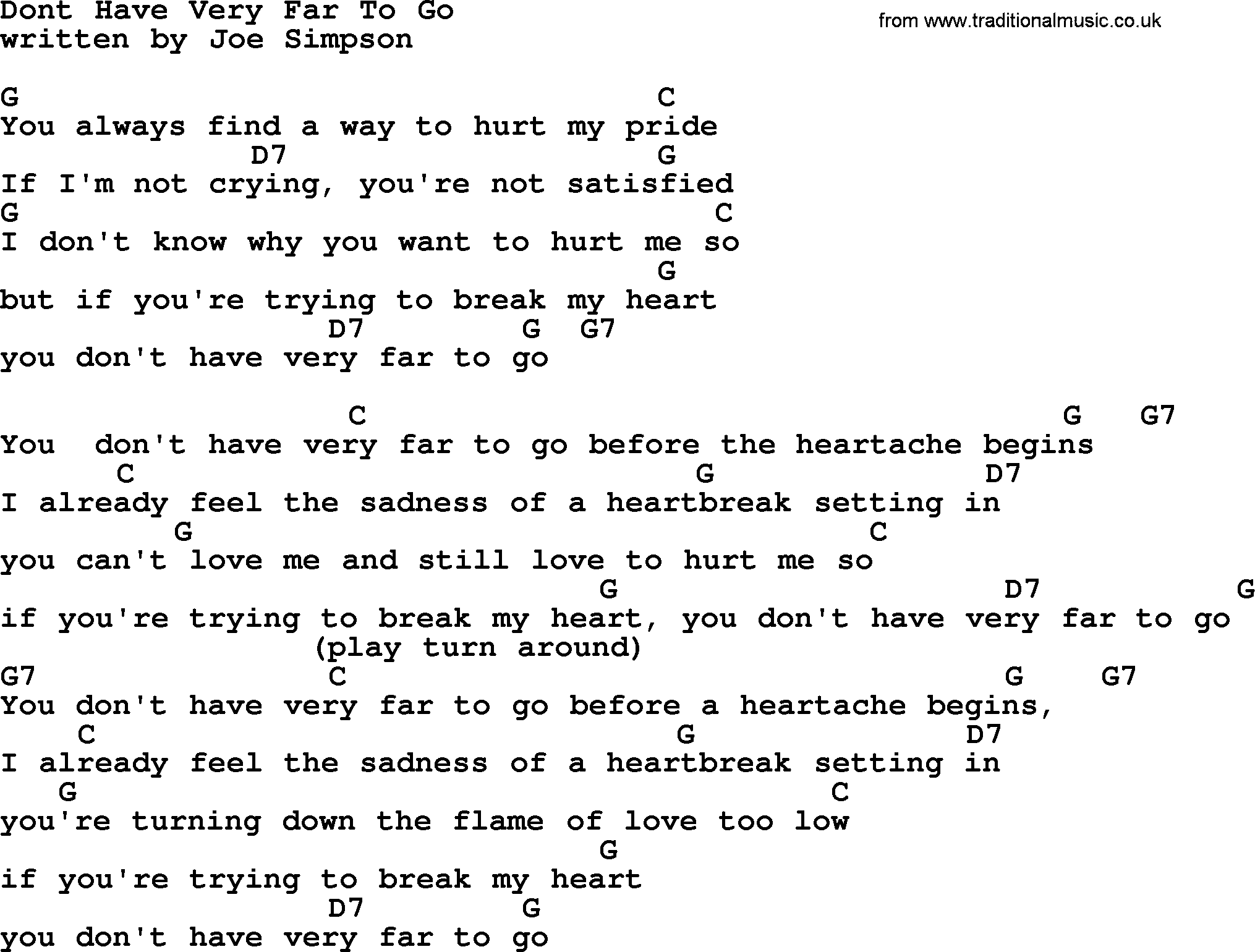 Merle Haggard song: Dont Have Very Far To Go, lyrics and chords
