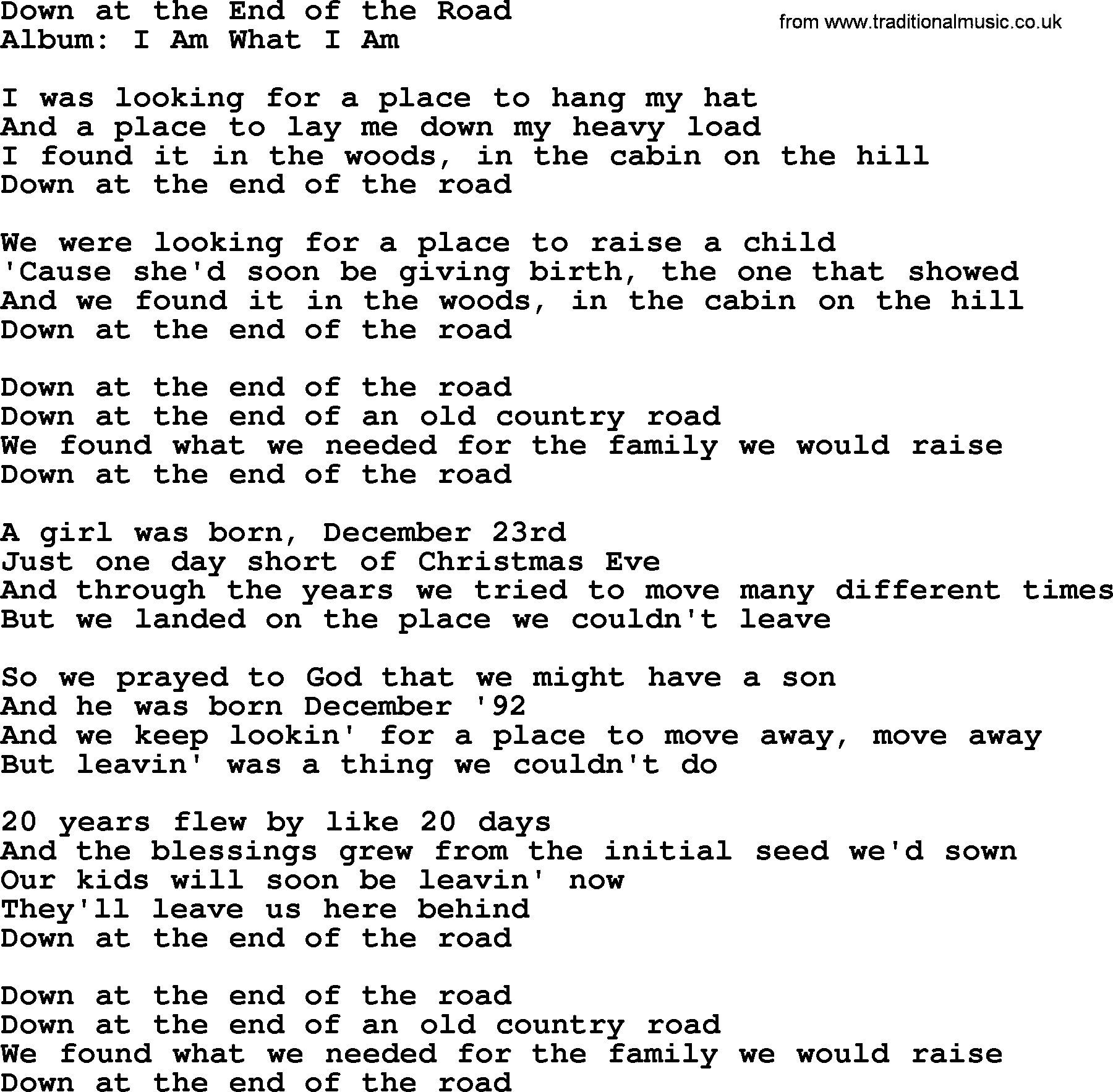 Merle Haggard song: Down At The End Of The Road, lyrics.