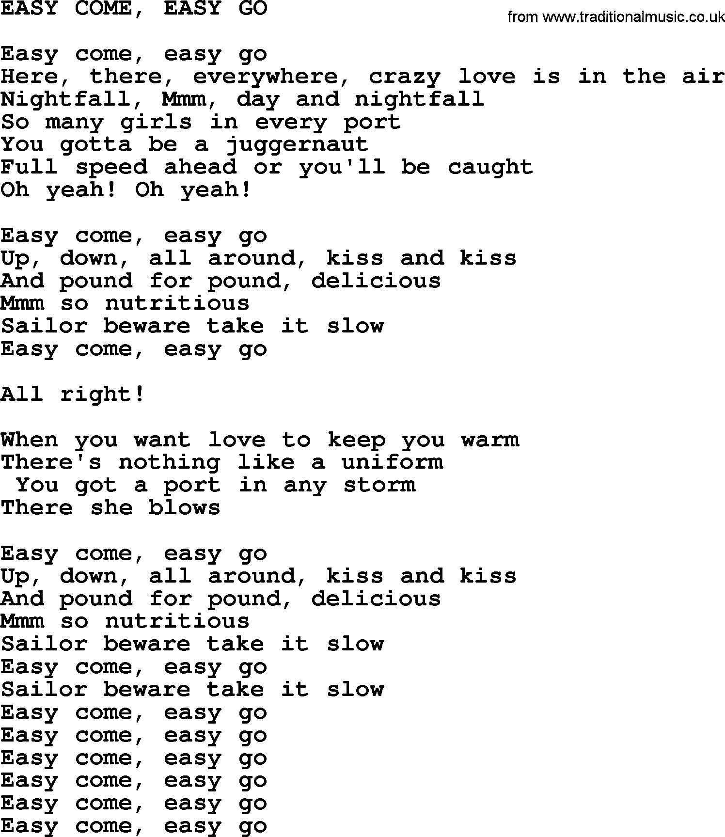 Merle Haggard song: Easy Come, Easy Go, lyrics.