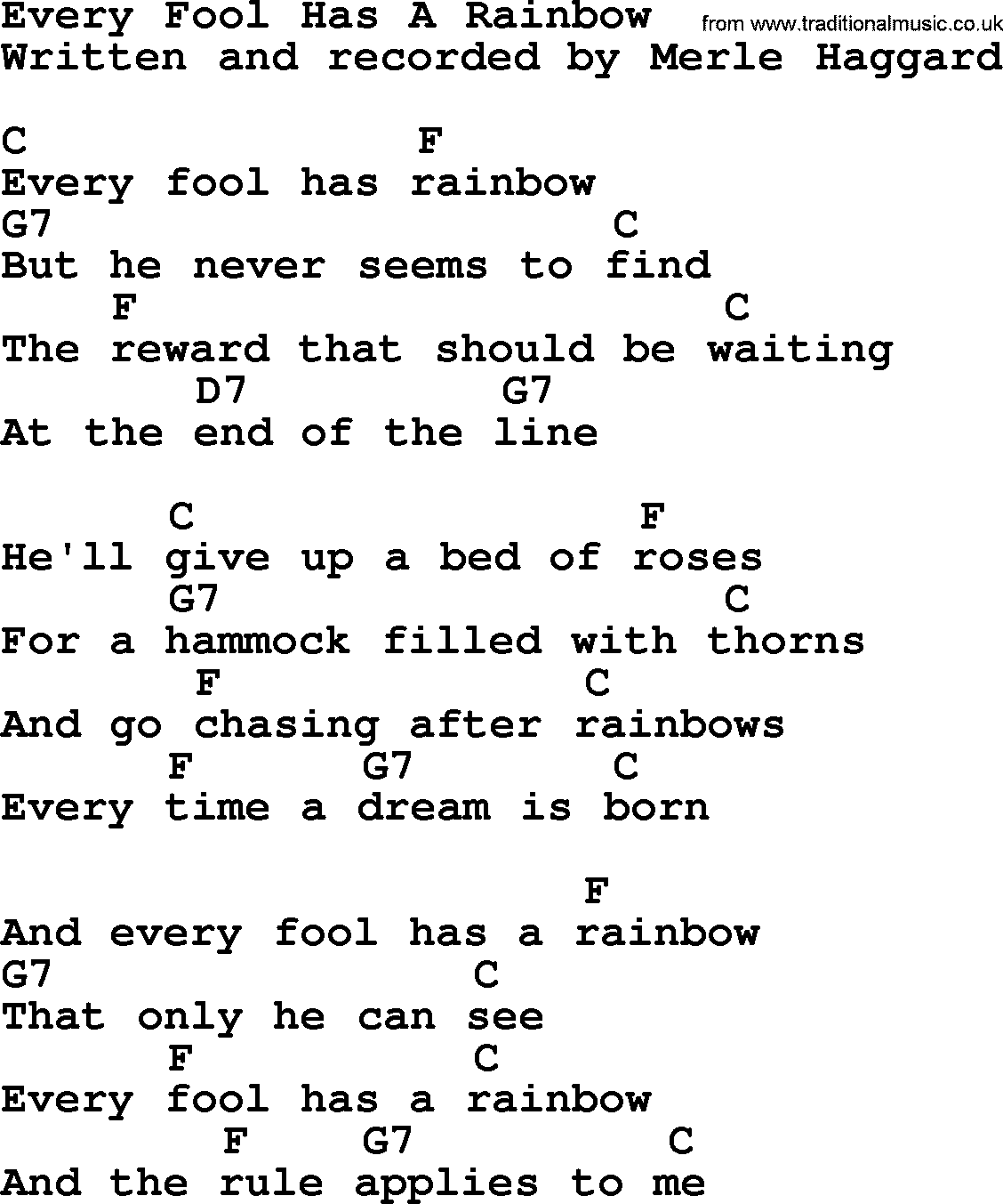 Merle Haggard song: Every Fool Has A Rainbow, lyrics and chords