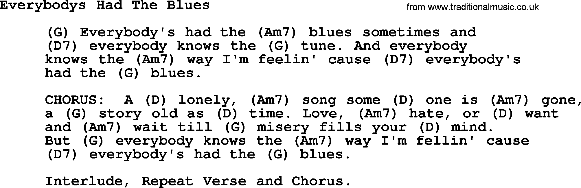 Merle Haggard song: Everybodys Had The Blues, lyrics and chords