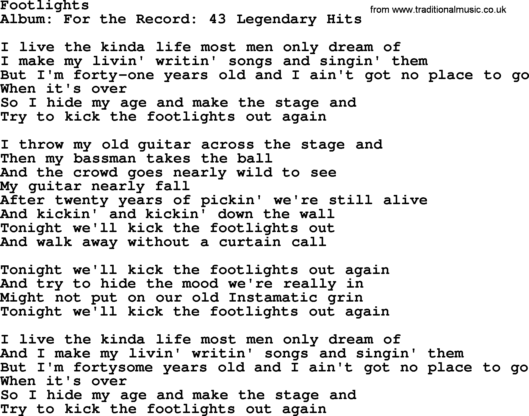 Merle Haggard song: Footlights, lyrics.