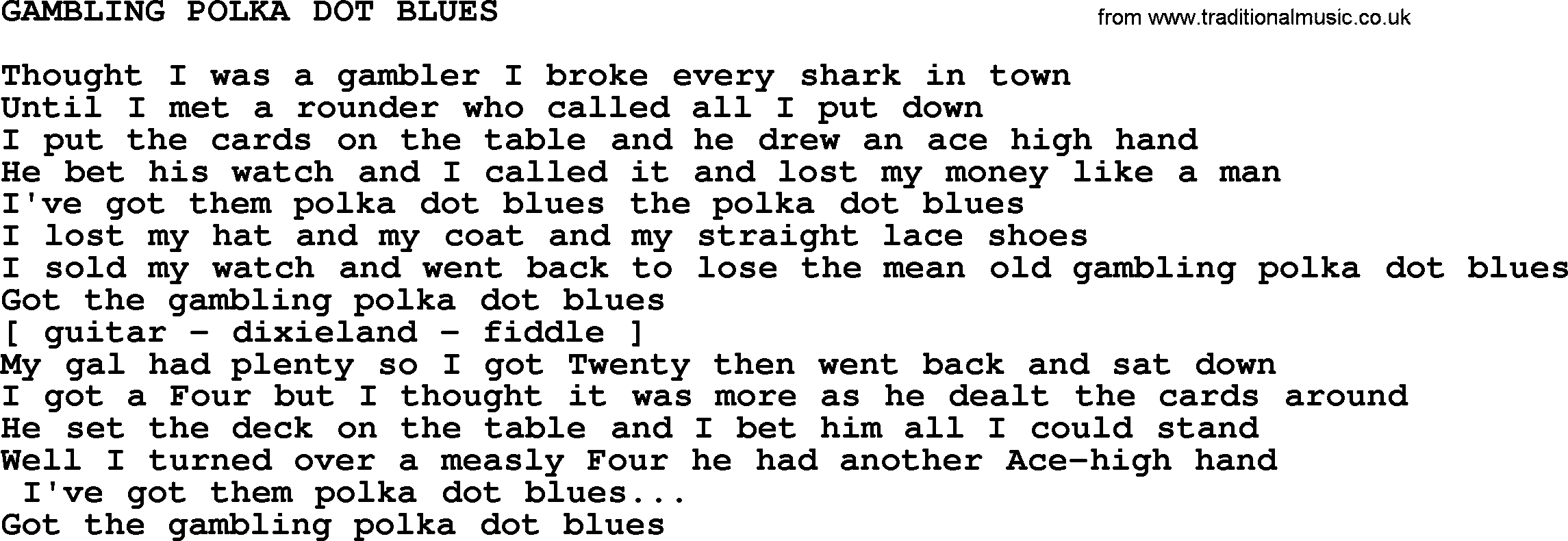 Merle Haggard song: Gambling Polka Dot Blues, lyrics.