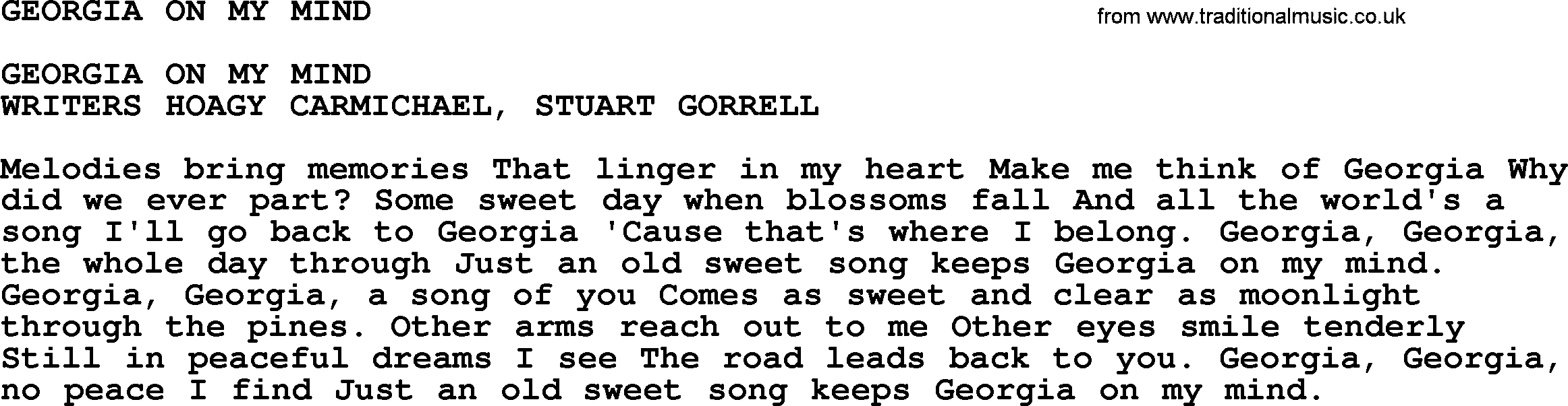 Merle Haggard song: Georgia On My Mind, lyrics.