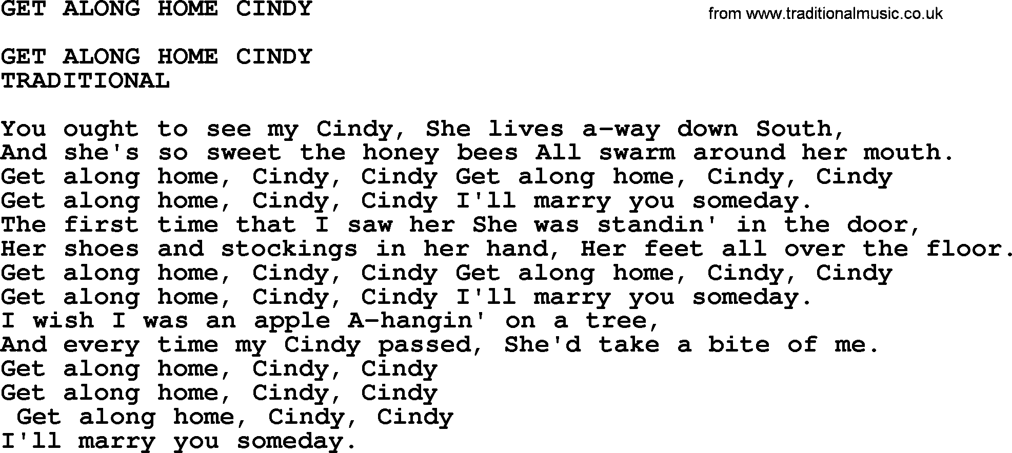 Merle Haggard song: Get Along Home Cindy, lyrics.