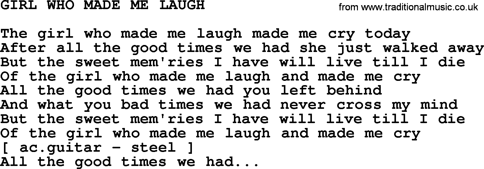 Merle Haggard song: Girl Who Made Me Laugh, lyrics.