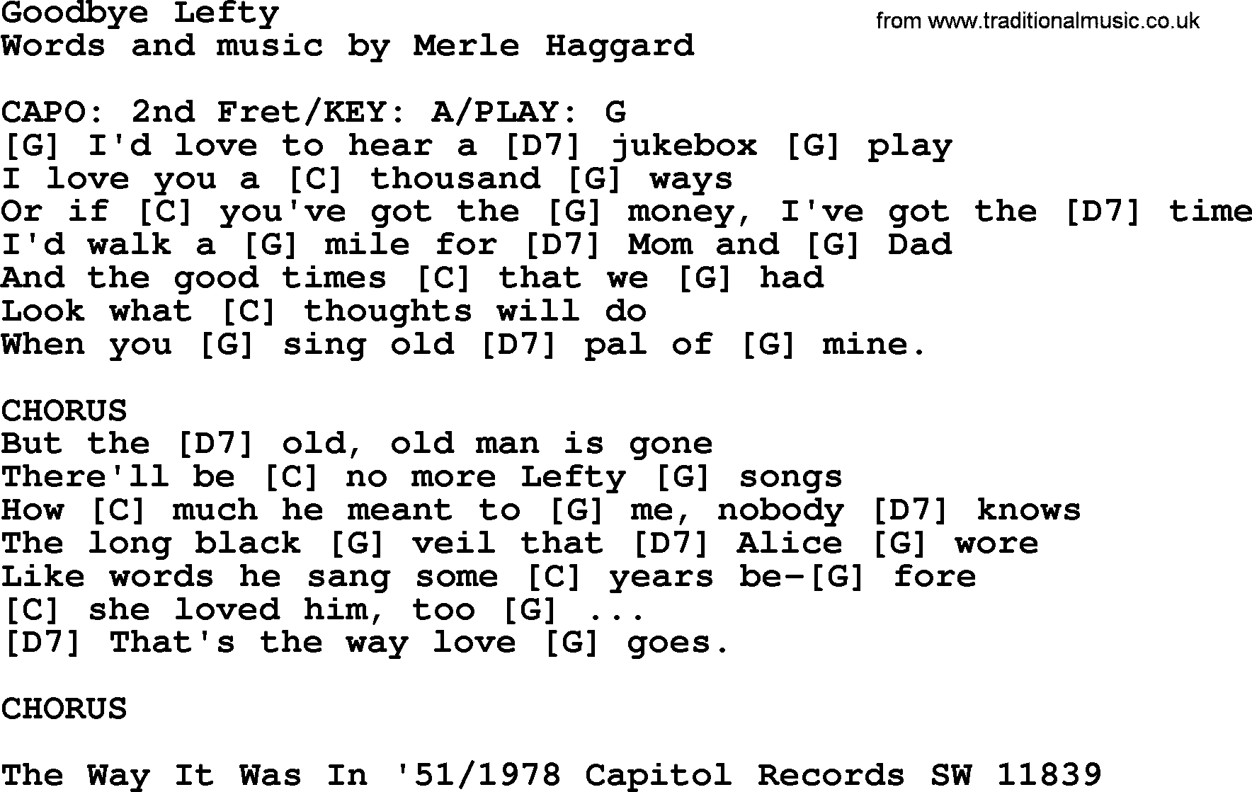 Merle Haggard song: Goodbye Lefty, lyrics and chords