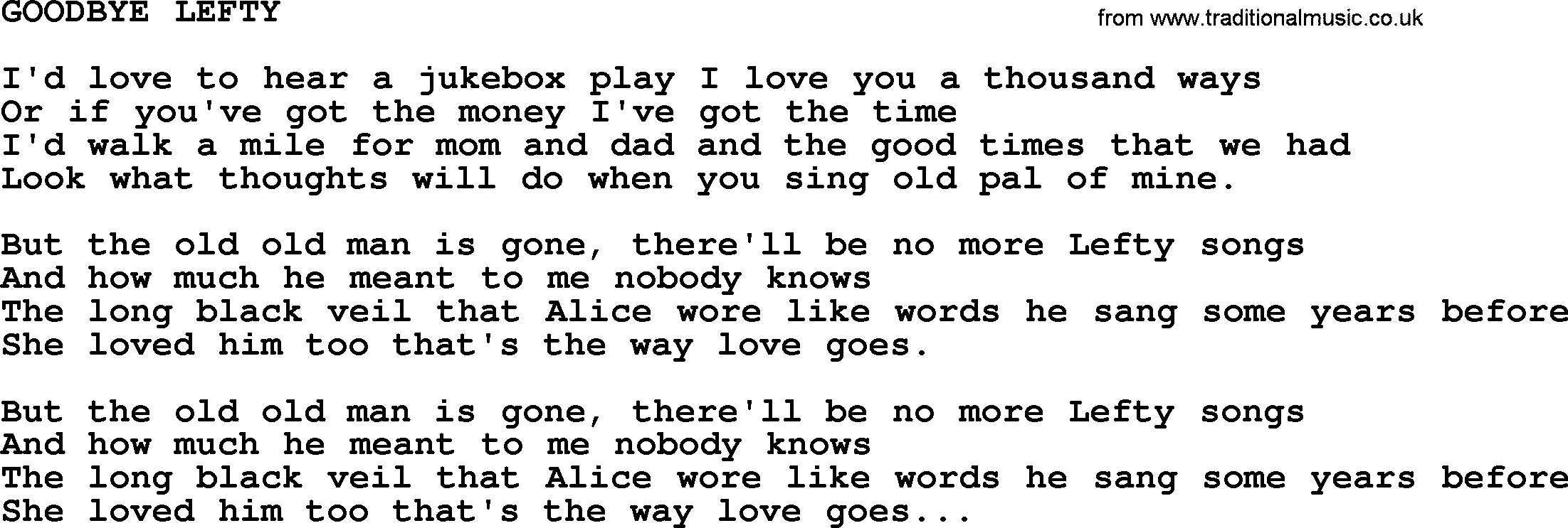 Merle Haggard song: Goodbye Lefty, lyrics.