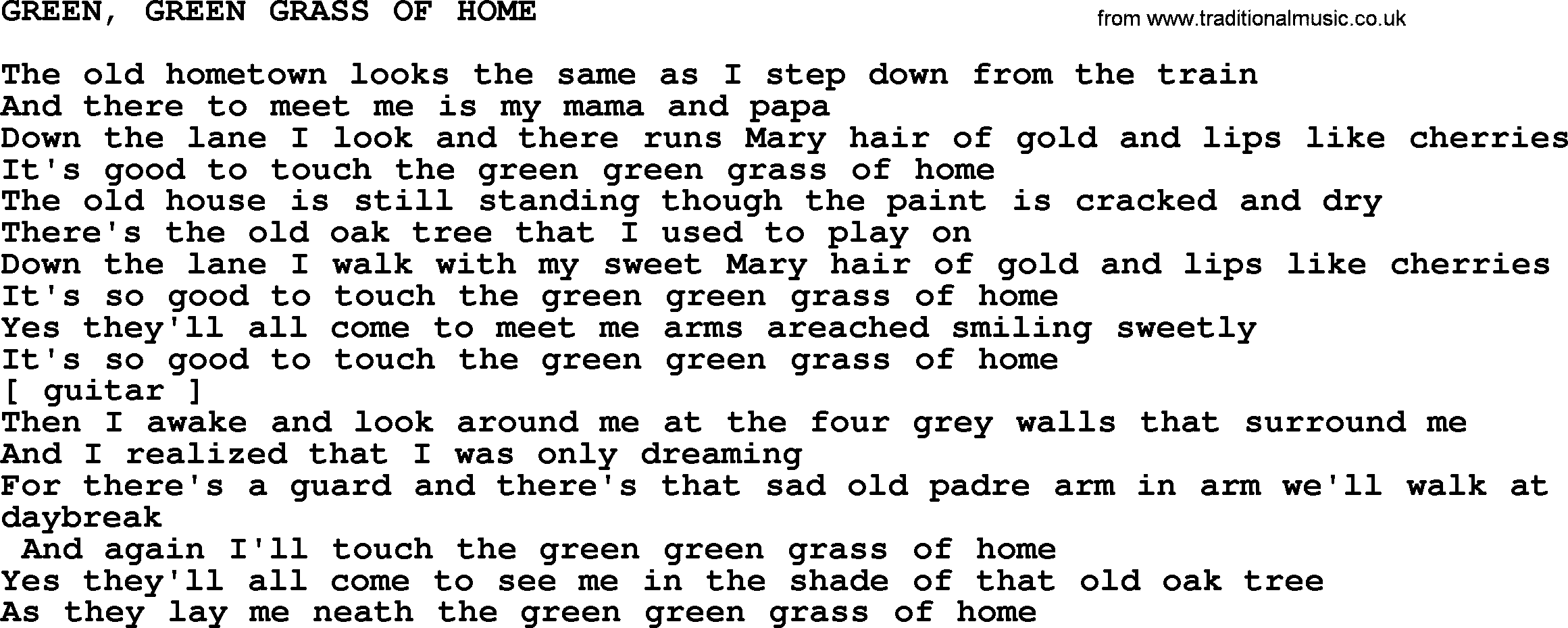 Merle Haggard song: Green, Green Grass Of Home, lyrics.