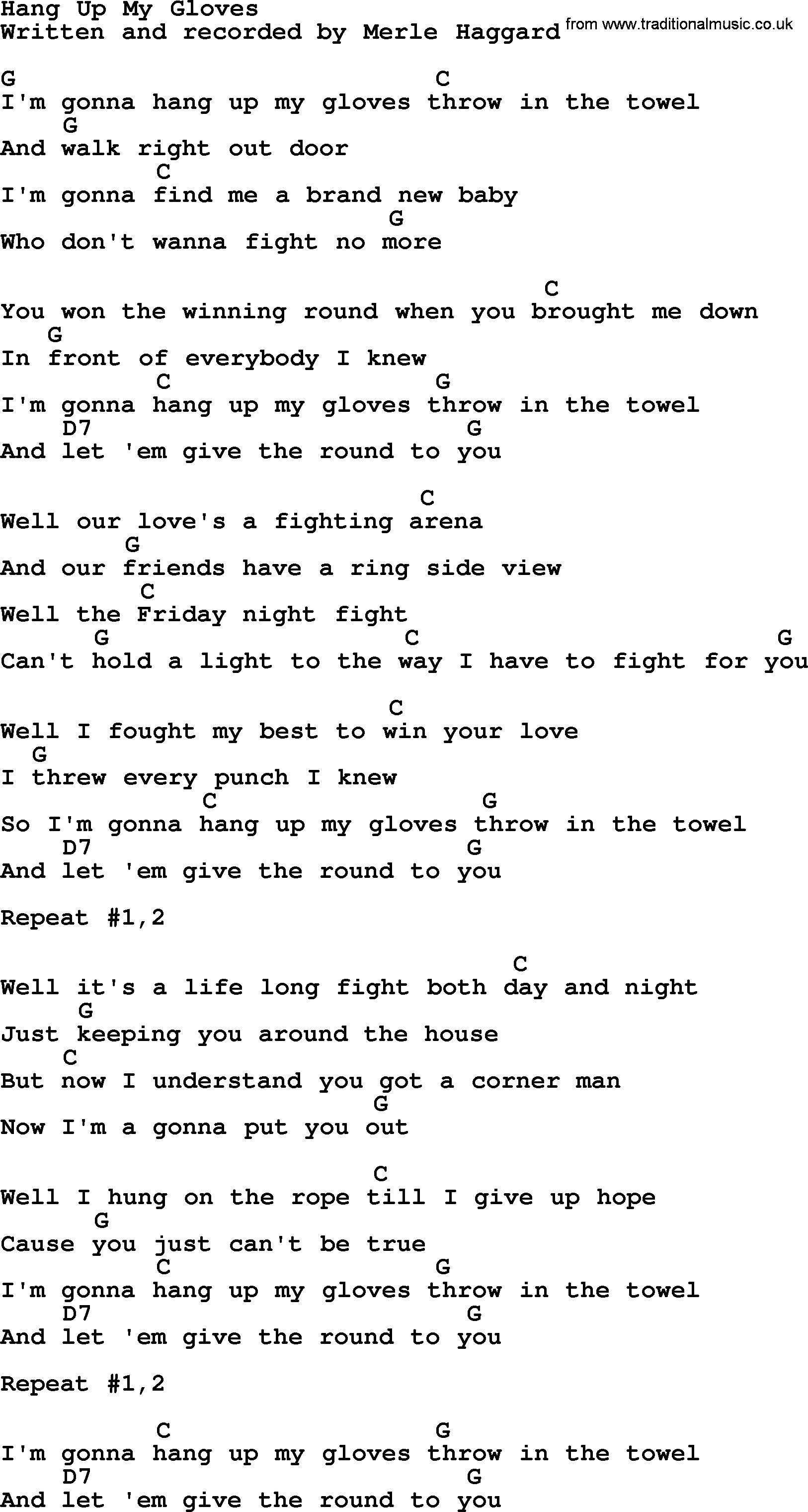 Merle Haggard song: Hang Up My Gloves, lyrics and chords