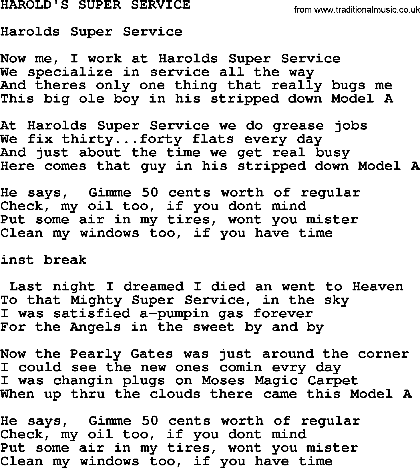 Merle Haggard song: Harold's Super Service, lyrics.