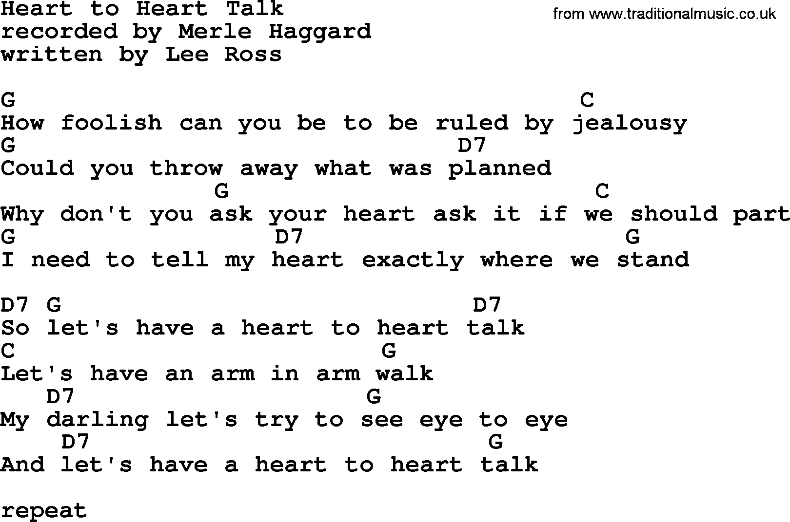 Merle Haggard song: Heart to Heart Talk, lyrics and chords