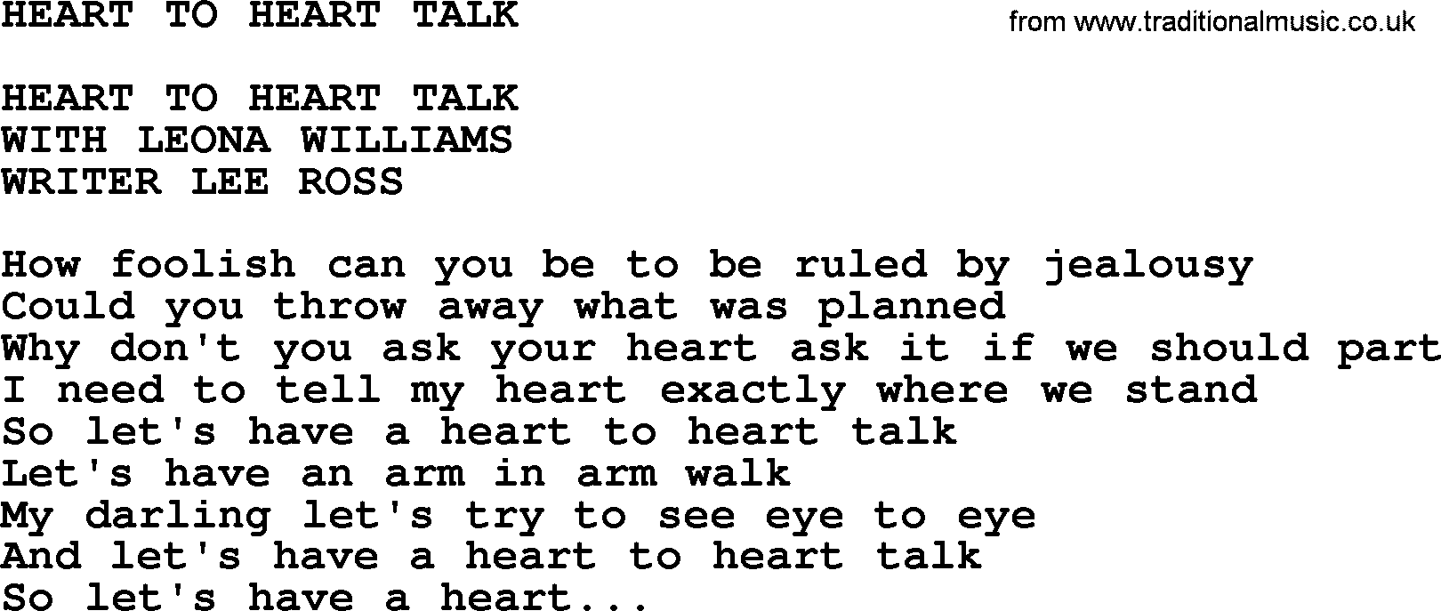Merle Haggard song: Heart To Heart Talk, lyrics.