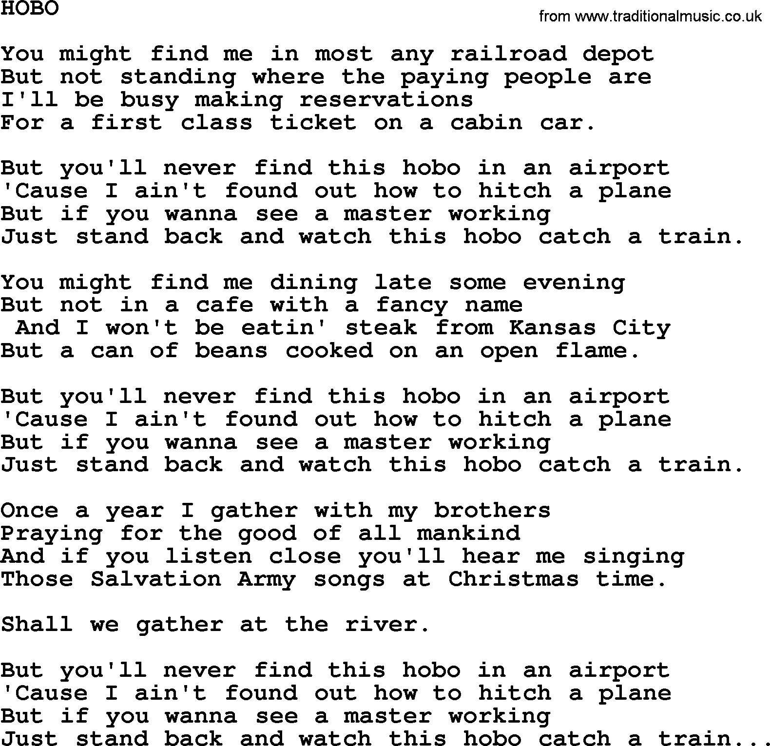 Merle Haggard song: Hobo, lyrics.