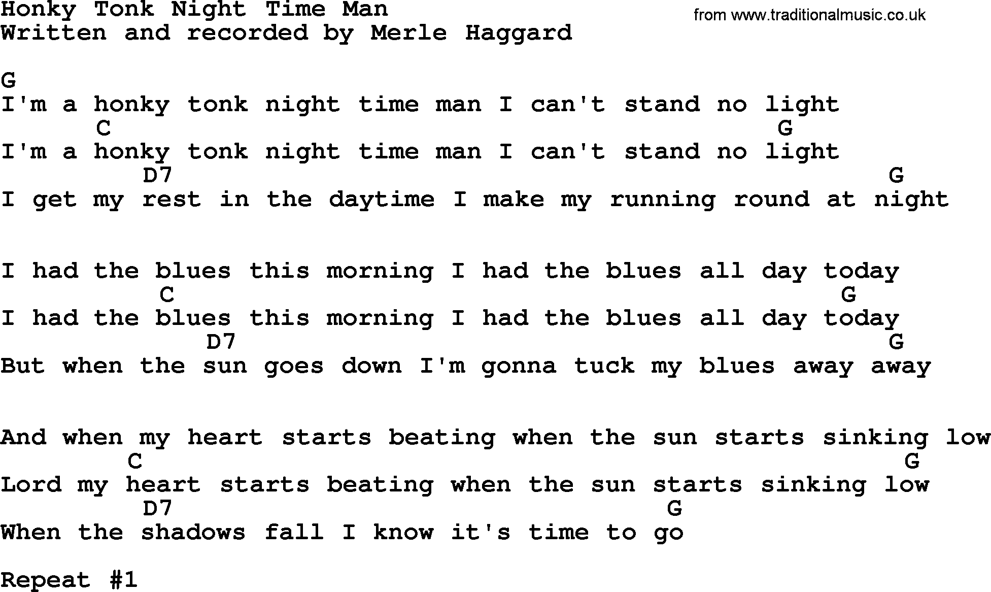 Merle Haggard song: Honky Tonk Night Time Man, lyrics and chords