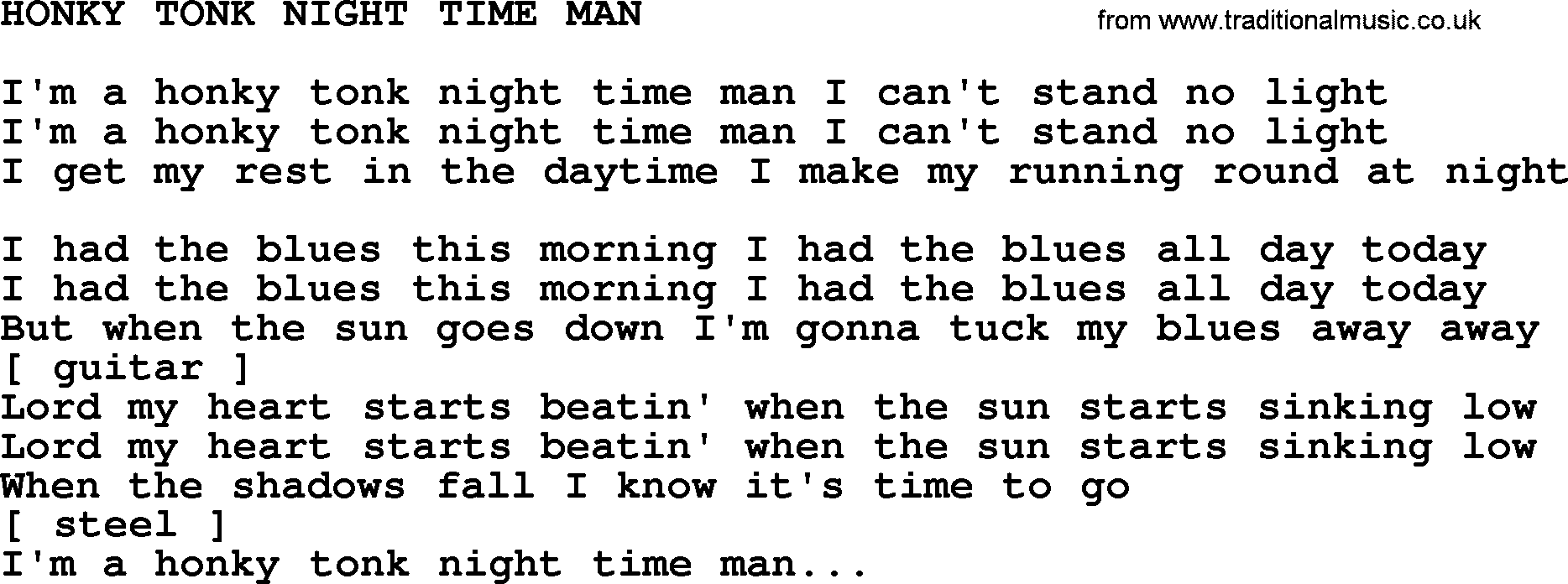 Merle Haggard song: Honky Tonk Night Time Man, lyrics.