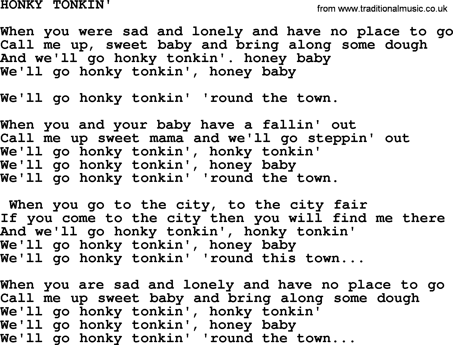 Merle Haggard song: Honky Tonkin', lyrics.