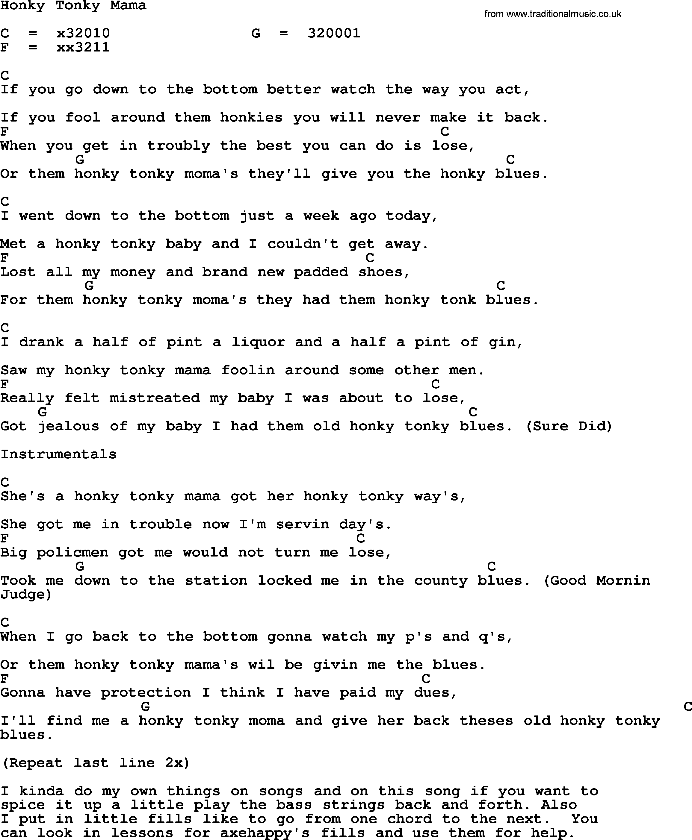 Merle Haggard song: Honky Tonky Mama, lyrics and chords