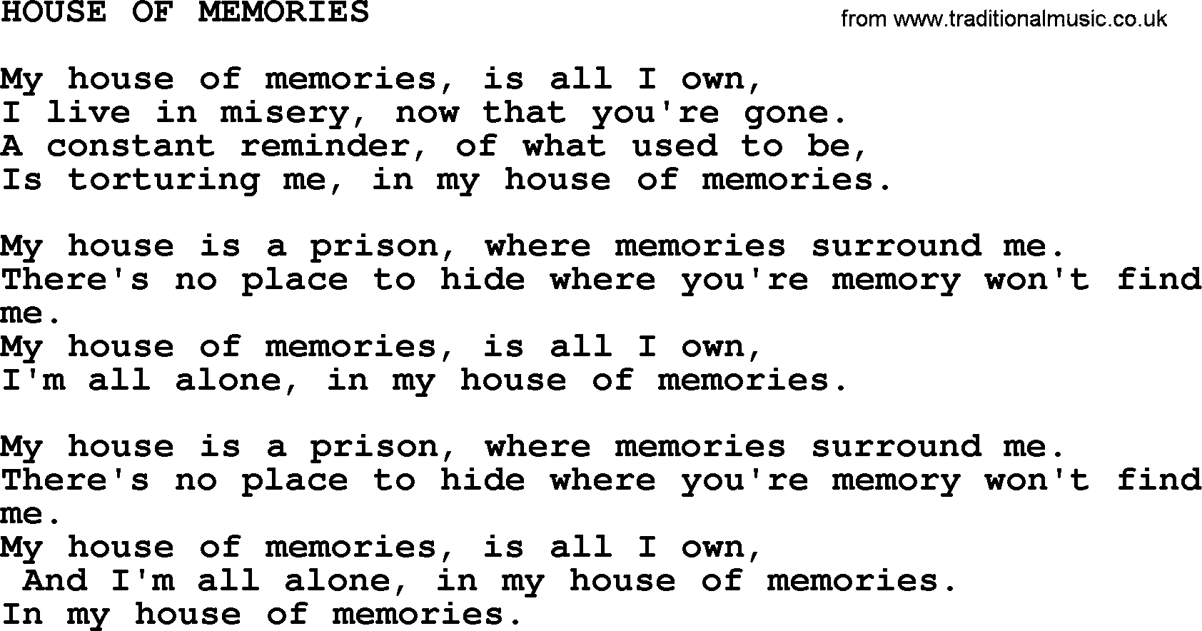 Merle Haggard song: House Of Memories, lyrics.