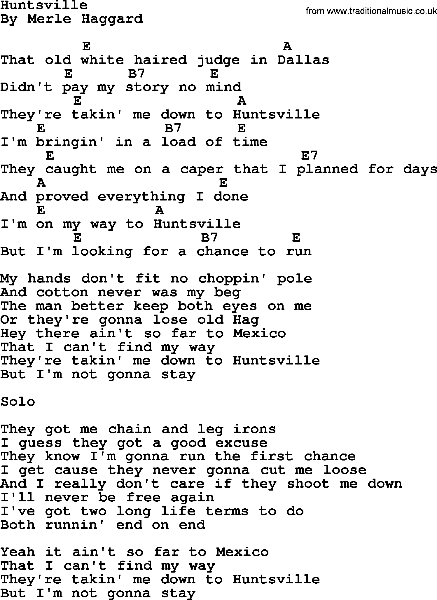 Merle Haggard song: Huntsville, lyrics and chords