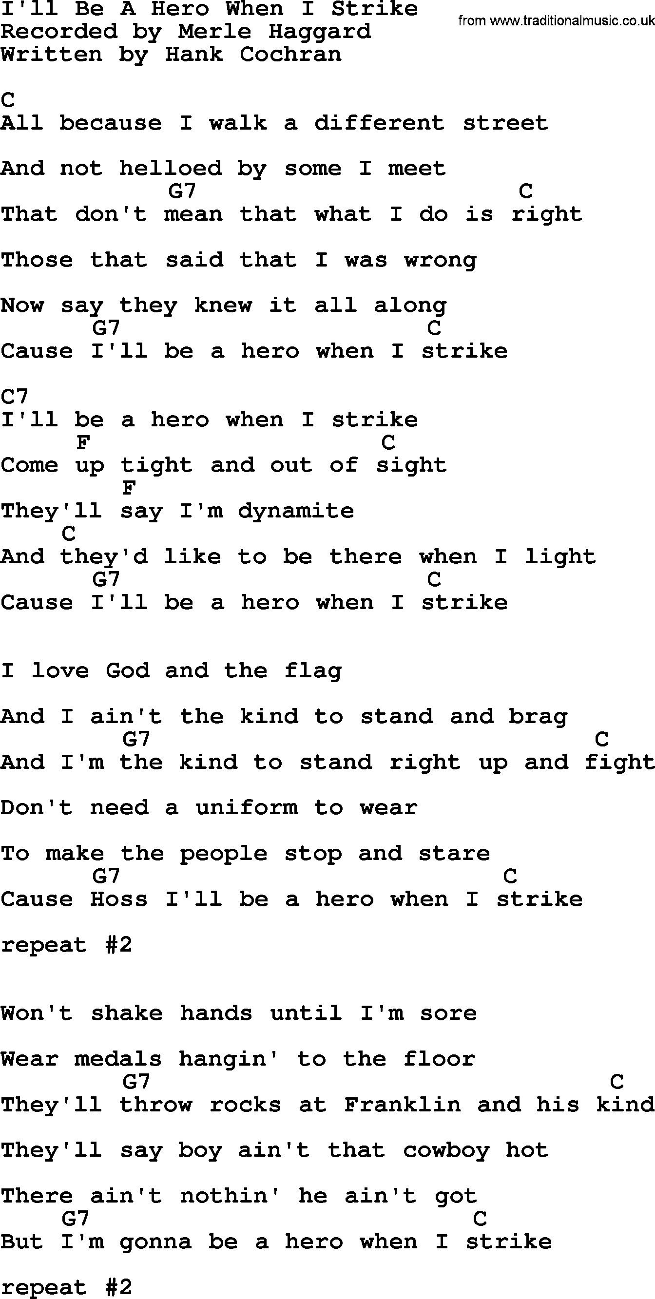 Merle Haggard song: I'll Be A Hero When I Strike, lyrics and chords