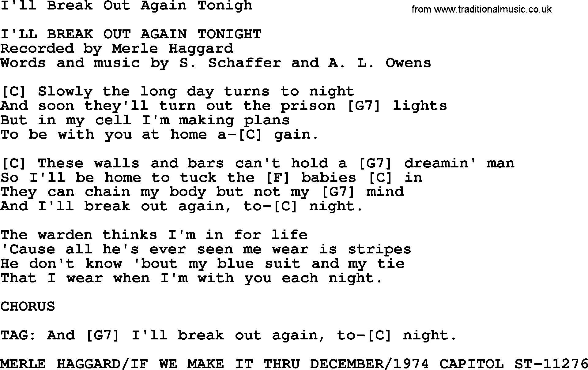 Merle Haggard song: I'll Break Out Again Tonigh, lyrics and chords